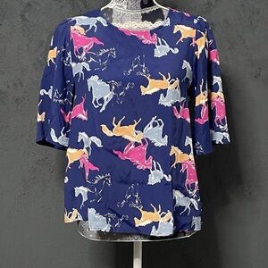 Modcloth Blouse Womens S Blue Horse Novelty Print Round Neck Keyhole Back Top